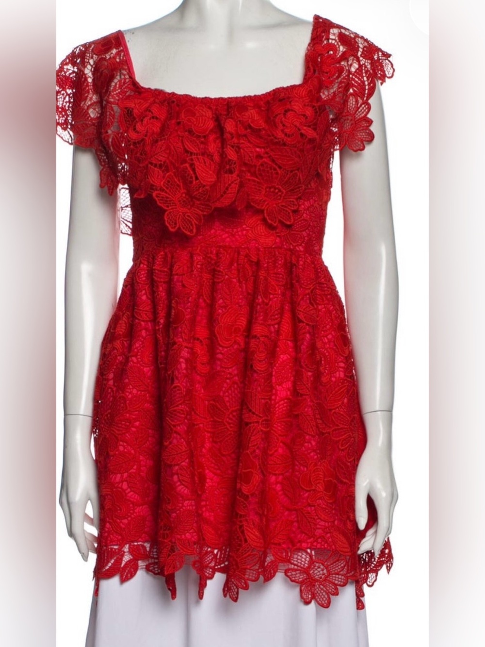LOVERS + FRIENDS Red Lace Mini Dress Tunic Top Square Neck Ruffle XS